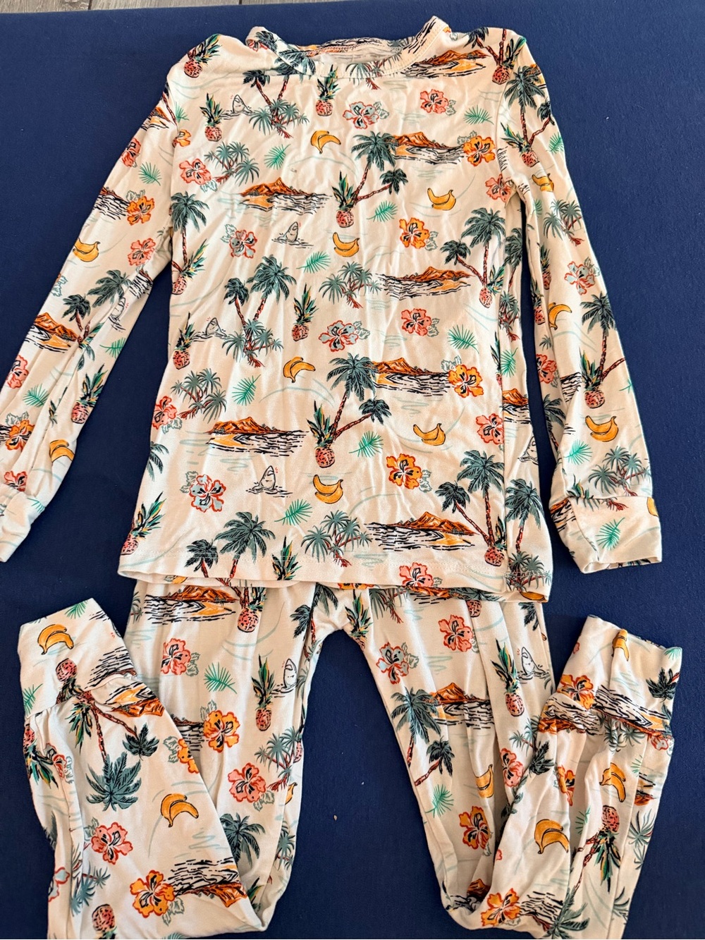 Velvet Cream Tropical Print Kids Pajama Set with Green and Orange Accents